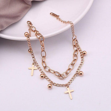 Lovely Ladies Charm Gold colour Fashion Stainless Steel Cross Layered Wrist Bracelet - Religious Jewellery - The Jewellery Supermarket